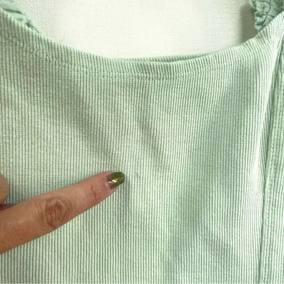 ANTHROPOLOGIE Puff Sleeve Cropped Tank Top Size L Mint Cottagecore Ribbed Cotton - Picture 8 of 11